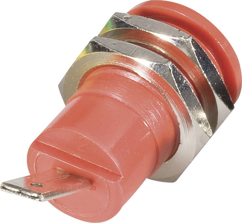 Red, cylindrical metal and plastic push button, commonly used for electrical connections and circuits.