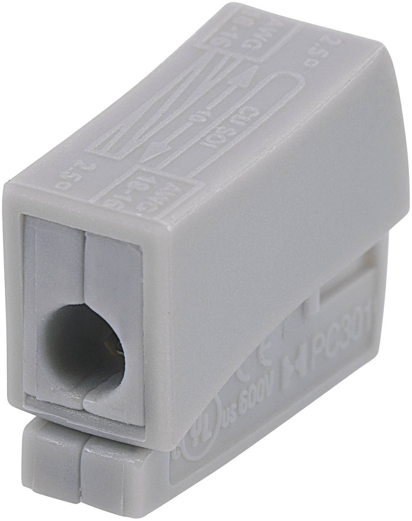 Grey, rectangular cable clamp with a hole for wire connection, technical information printed on surface, used for electrical connections.