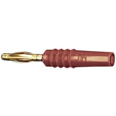 Golden banana plug with red plastic housing, marked with the letters 'MC', serves for secure electrical connection.