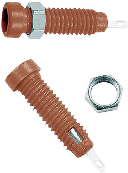 Two red, ribbed plastic caps with metal eyelets and a silver nut, likely components of a mechanical or electronic device.