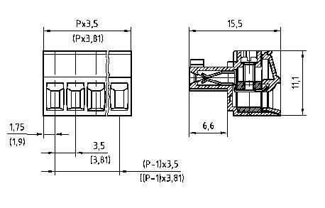 Technical drawing of a plug with dimensions: width 15.5 mm, height 11.1 mm, depth 6.6 mm; screw contact spacing 3.5 mm.