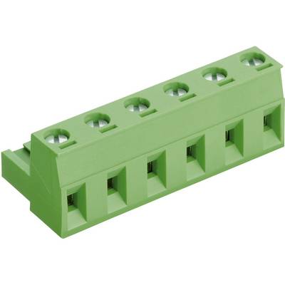 Green electrical connector with five terminals for securing wires on a circuit board.