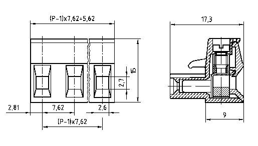 Technical drawing of an electrical connector, showing length dimensions, contact arrangement and cross-section. Measurement unit in millimetres.
