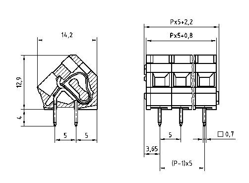 'Technical drawing of an electrical connector with dimensions: Height 14.2 mm, Width 12.9 mm. Pin spacing 5 mm.'