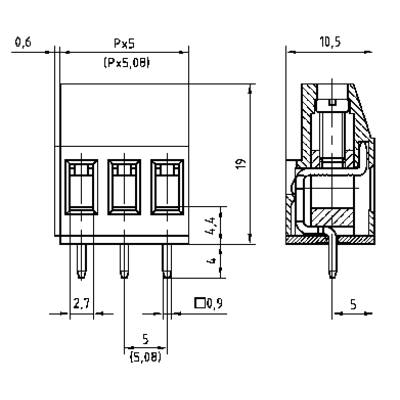 Technical drawing of a three-pole connector. Dimensions and distances are given in millimetres. Top view and side view.
