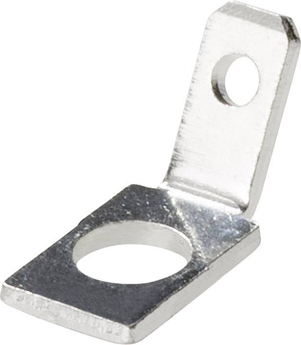 A silver metal cable end with two holes of different sizes, used for securing cables to a surface.