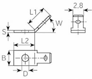 Technical drawing of a metallic component with dimensions. Main view shows an L-shaped bracket with connection holes.