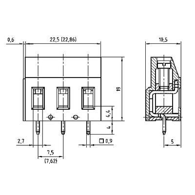 Technical drawing of an electrical connector with dimensions in millimetres, showing front view and cross-section.