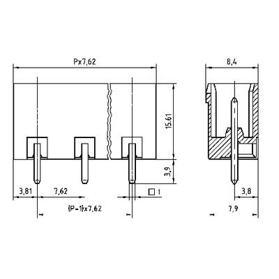 Technical drawing of a component with dimensional measurements in millimetres, showing front and side views with pins and structural details.