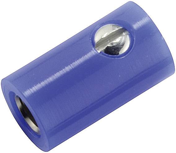 Blue cable connector with metallic screw, cylindrical in shape, used for securely connecting electrical cables.