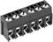 Black, six-pole electrical terminal block, double-layer, suitable for printed circuit board mounting.