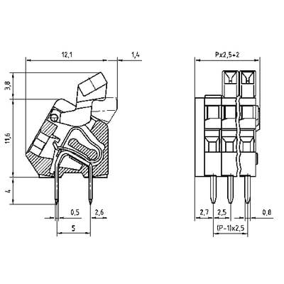 Technical drawing of an electrical connector with dimensions. Left side view, right top view. Dimensions in millimetres.