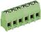 Green five-pole terminal block for electrical connections, suitable for mounting on a printed circuit board.