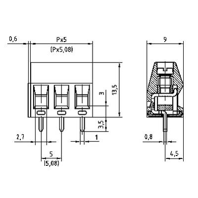 Technical drawing of a multi-pole connector. Shows dimensions: width 15.8 mm, height 13.5 mm, pin spacing 5 mm.