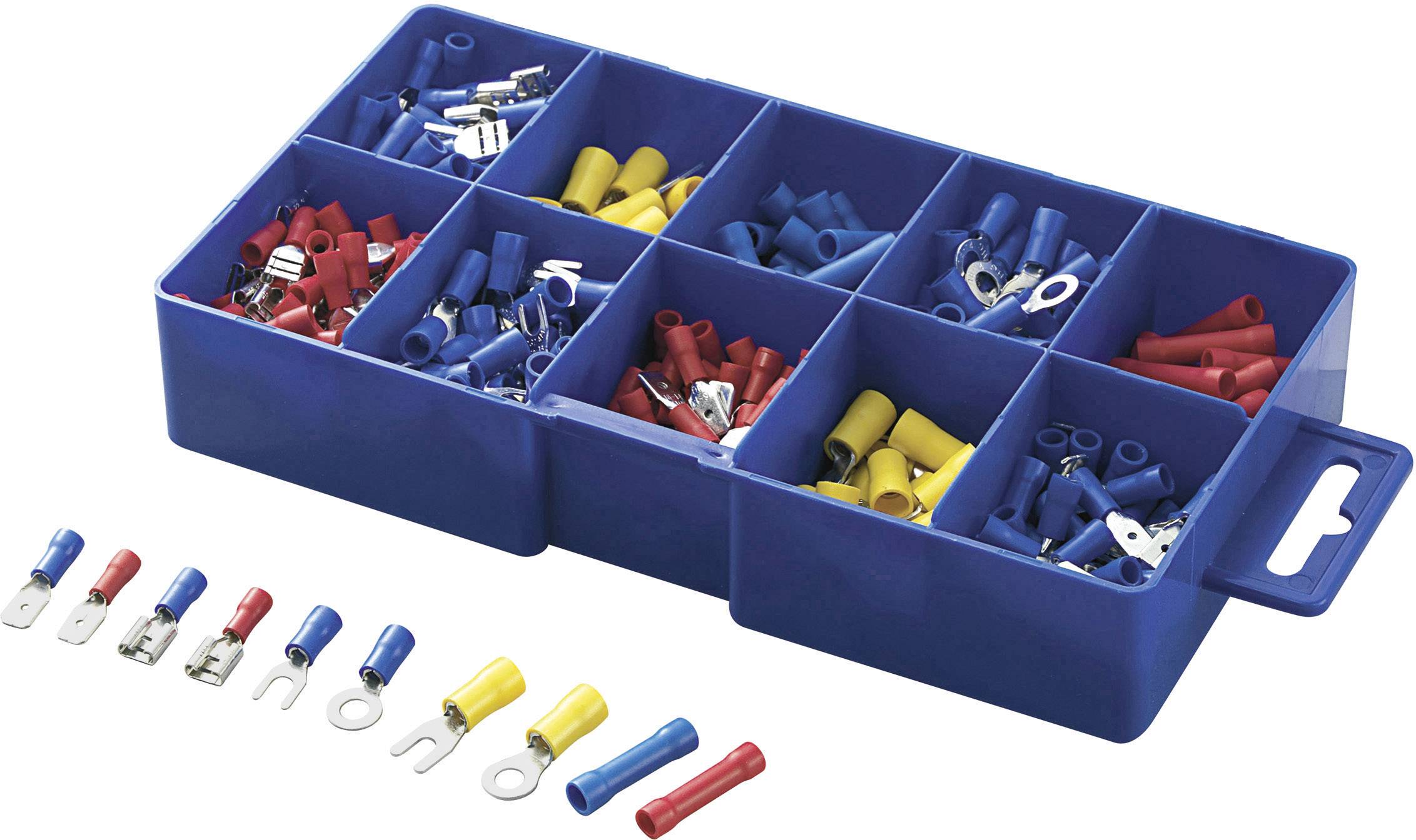 Blue plastic box with 12 compartments, filled with various cable clips and connectors in red, blue and yellow.