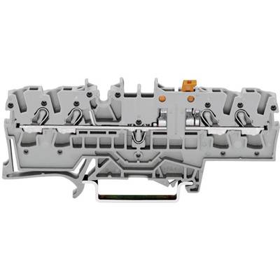 A grey electrical terminal block with screw connections, identifiable by two orange markings on the top.