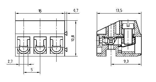 Technical drawing of a connector with dimensions in millimetres. Front and side views show three-pole layout and detailed cross-section.