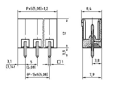 Technical drawing of a connector with dimensions. Shows front and side view with measurements in millimetres.