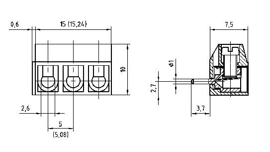 Technical drawing of a connector with dimensions: width 15 mm, height 10 mm, depth 7.5 mm, spacing between terminals 5 mm.