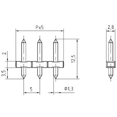 Technical drawing of a connector with dimensions: 12.5 mm height, 3.5 mm width, 5 mm pin spacing, 1.3 mm diameter.