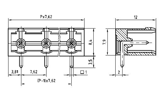 Technical drawing of a multi-pole connector, showing dimensions such as width, height, and hole spacing in millimetres.