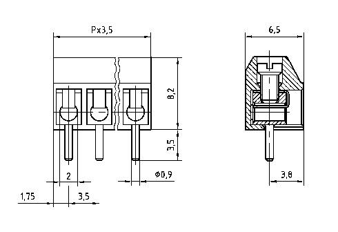 Technical drawing of a three-pole socket strip with dimensions: spacing Px = 3.5 mm, height 8.2 mm, pin diameter 0.9 mm. Cross-section view shows pin details.