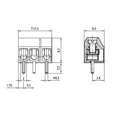Technical drawing of a three-pole socket strip with dimensions: spacing Px = 3.5 mm, height 8.2 mm, pin diameter 0.9 mm. Cross-section view shows pin details.