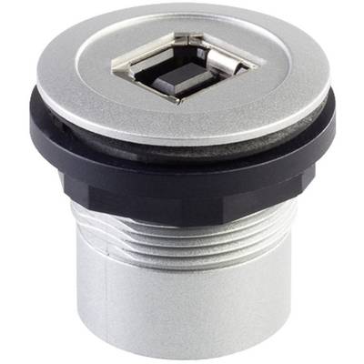A silver, cylindrical metal plug with a black plastic surround and a central rectangular USB connection opening.
