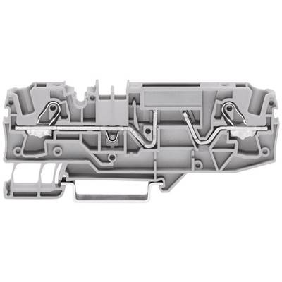 Grey electrical terminal housing with internal metal connections and a complex structure for electrical wiring.