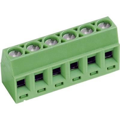 Green connector with five terminals, used for electrical connections. Suitable for printed circuit boards.