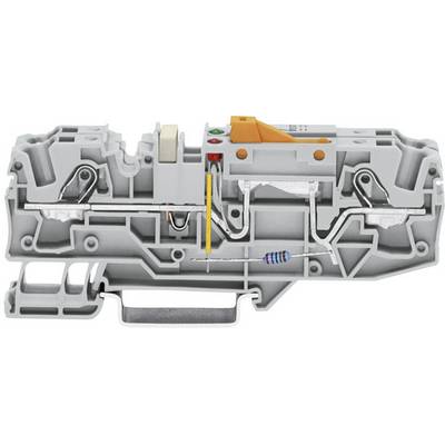 Grey electrical terminal block with orange lever and integrated resistor, suitable for the secure connection of wires and cables.