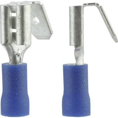Two blue metal cable shoes for electrical connections, one with a right-angled connector, the other straight.