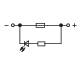 'Switching symbol for an electrical circuit with a light-emitting diode (LED), a resistor, and a voltage source.'