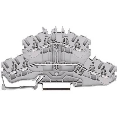 Grey electrical terminal block with multiple connections, wire guides, and screw terminals, used for securely connecting electrical conductors.