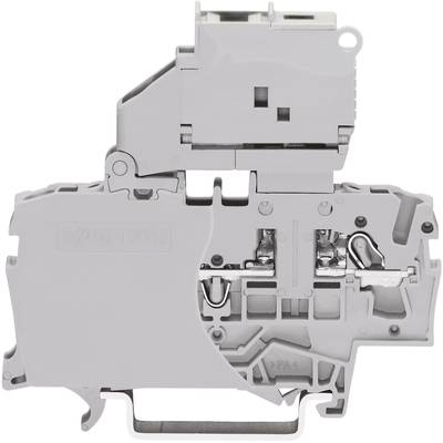 Grey two-storey terminal block for DIN rail mounting, showing internal metal contacts and side-accessible cable connections.