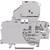 Grey two-storey terminal block for DIN rail mounting, showing internal metal contacts and side-accessible cable connections.