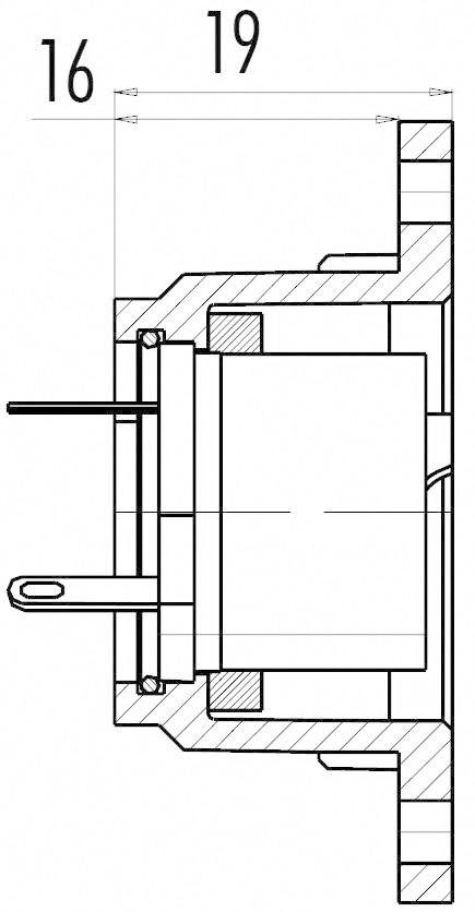Cross-sectional drawing of a technical component with dimension labels '16' and '19' in the top left corner.