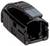 Black plastic plug with a square opening and ribbed surface. Plug is used for connecting electronic devices.