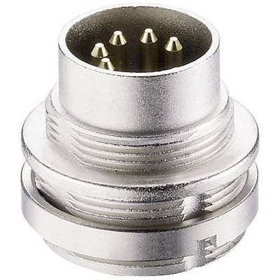Round, metallic plug with six golden pins. Possibly an audio or data connection.