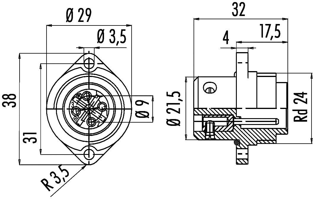 Technical drawing of a plug showing side and front views with precise measurements in millimetres, e.g. diameter and radii.