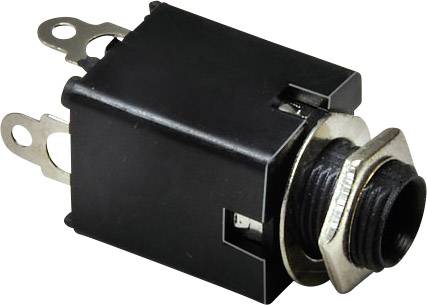 A black audio jack socket with silver metal contacts and a mounting nut. Suitable for electrical connections.