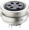 A silver, round connector with multiple metal pins and a black plastic housing, suitable for electronic connections.