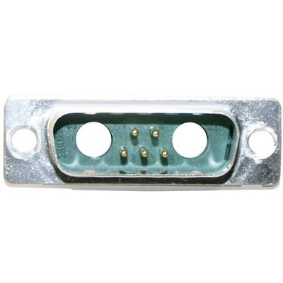 A D-sub plug with two large holes and four small golden pins, mounted in a rectangular metal housing.