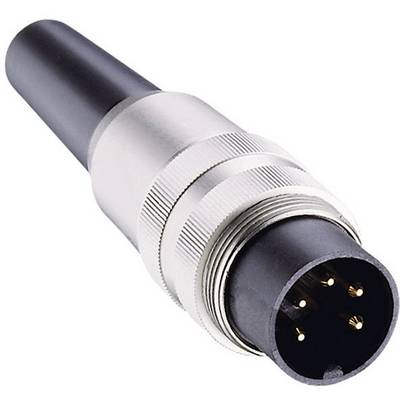 A black, five-pin plug with a metal casing, used for electrical connections.