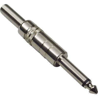 A metal plug of an audio cable with a ribbed grip and a 6.35 mm jack connector at the end, used for musical instruments.