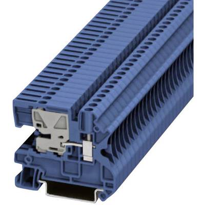 Blue terminal block, closed configuration, with side screw connection. Suitable for mounting on a support rail.