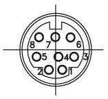 'Pin configuration for a 7-pin circular connector diagram, numbered from 1 to 8, with a central orientation cross.'