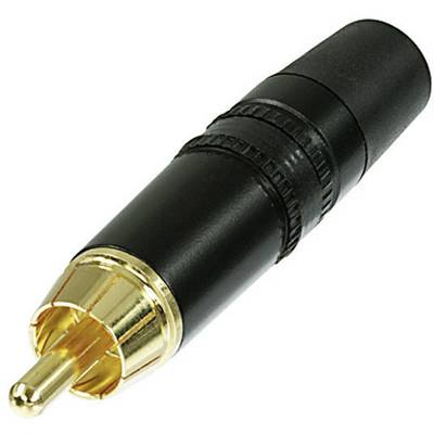 A black and gold RCA plug, used for audio and video connections.
