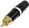An RCA plug with a gold-coloured head and black casing, commonly used for audio and video connections.