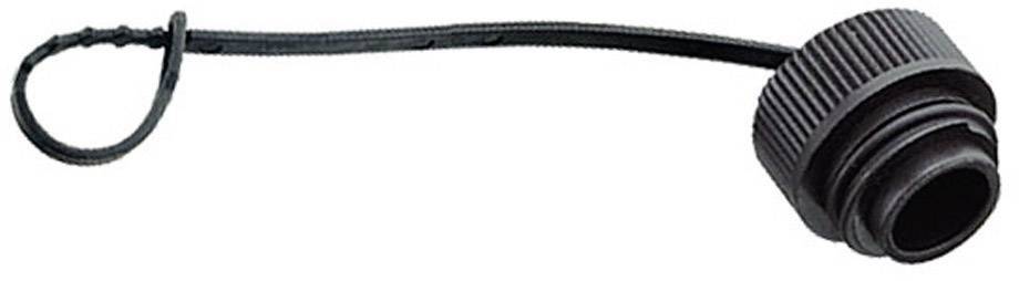 A black sealing cap with a flexible fixing loop, suitable for securely sealing containers or devices.